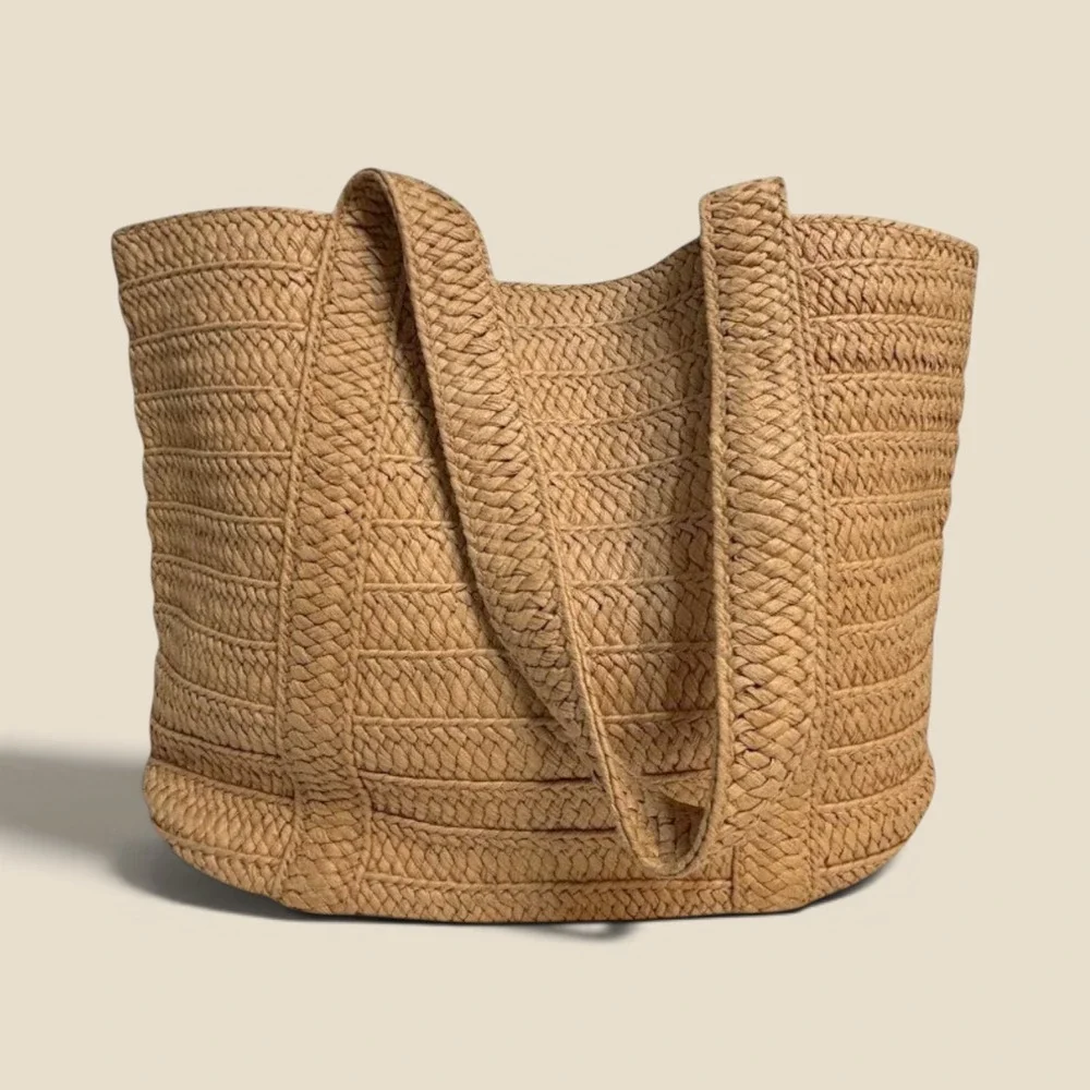 Draper James Woven Straw Tote Bag Large Tan Braided Boho Shoulder Bag
